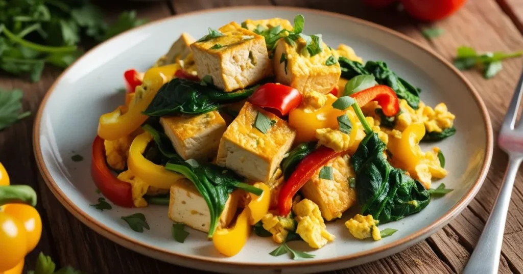 High-quality food photography, vibrant and appetizing Protein-Packed Tofu Scramble, close-up shot, natural daylight, rustic wooden table, colorful bell peppers and spinach mixed throughout golden-yellow tofu, crisp edges, ceramic plate, garnished with fresh herbs, soft focus background, professional food styling, 8k resolution, hyper-realistic, warm color palette, gourmet vegan breakfast, clean and fresh look, soft shadows, mouth-watering texture, professional food magazine style