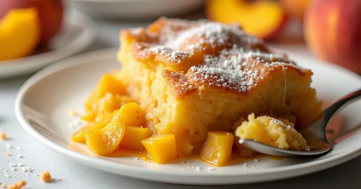 A freshly baked 3-ingredient peach cobbler served in a white dish, topped with golden crust and paired with a scoop of vanilla ice cream.