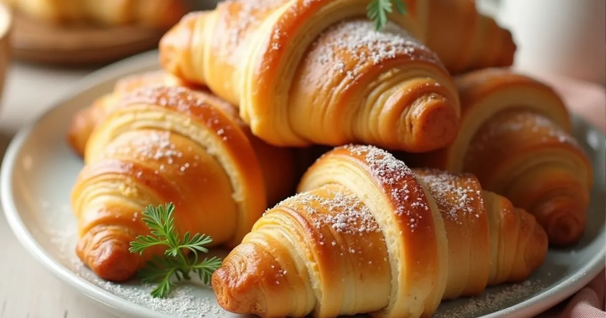 Freshly baked homemade honey butter croissants with a golden, flaky crust and a sweet honey glaze