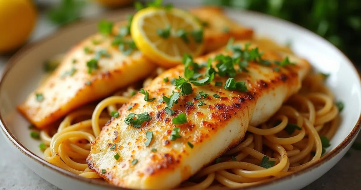 Lemon pepper tilapia fillets with lemon slices and parsley garnish on a white plate