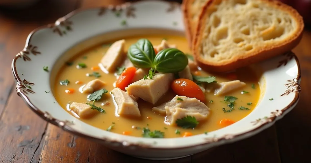 Bowl of creamy Tuscan chicken soup garnished with fresh spinach and herbs